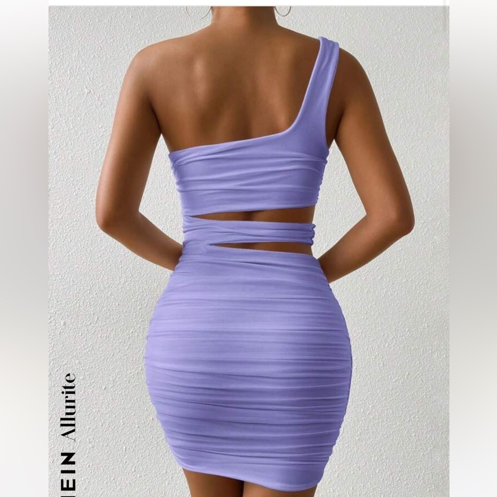 SHEIN Allurite Asymmetric Neck Hollow Ruched Slouchy Shoulder Dress size Med - Picture 3 of 8